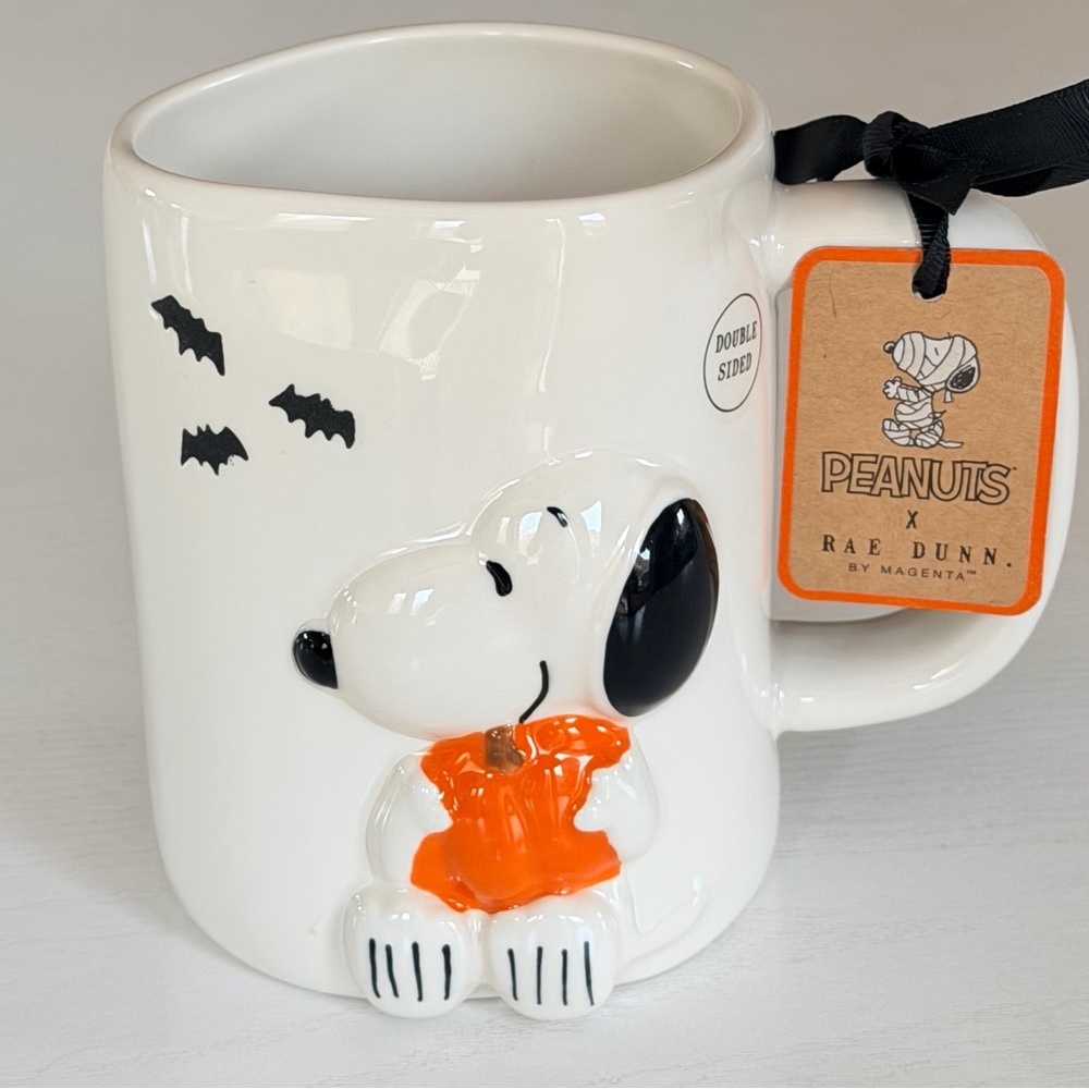 Rae Dunn Peanuts Mug White Ceramic 3D Snoopy Holding a Pumpkin - Picture 2 of 10